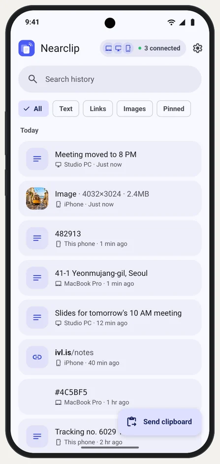 Nearclip's history on an Android phone