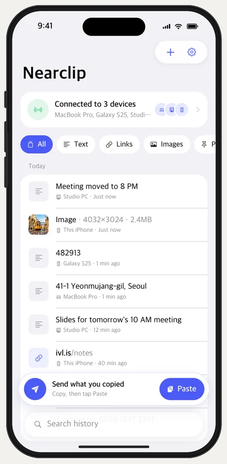 Nearclip's history on an iPhone with the Paste button