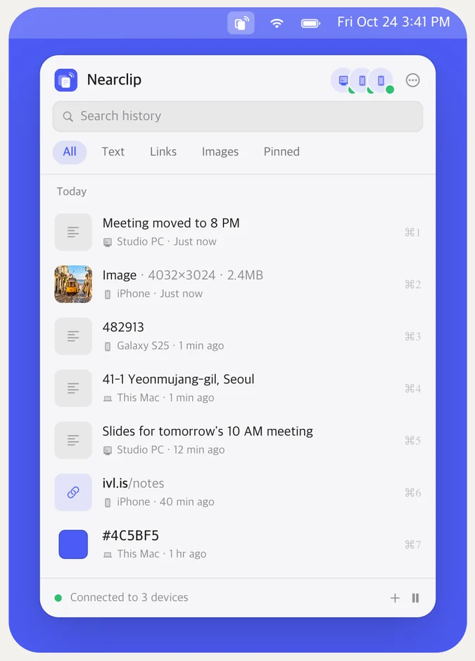 Nearclip's history panel under the Mac menu bar
