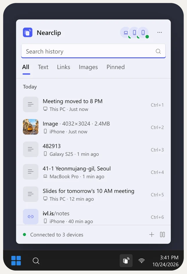 Nearclip's flyout above the Windows taskbar