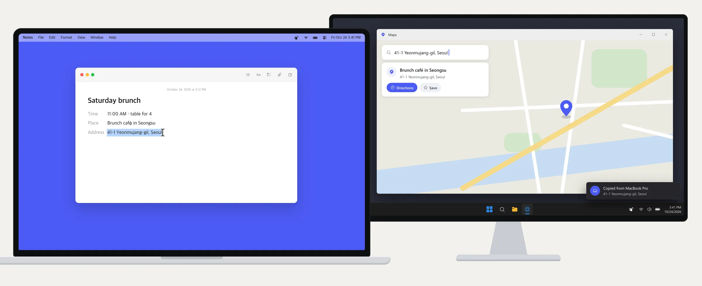 A Mac copies an address from a note; the Windows PC pastes it into a map search and shows Copied from MacBook Pro.