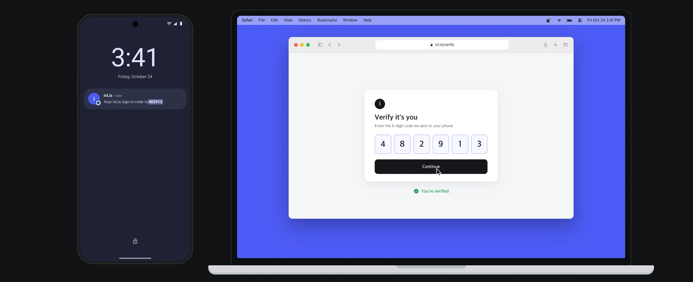 A sign-in code texted to an Android phone shows up on a Mac, which offers to copy it; ⌘V fills the verification boxes in Safari.