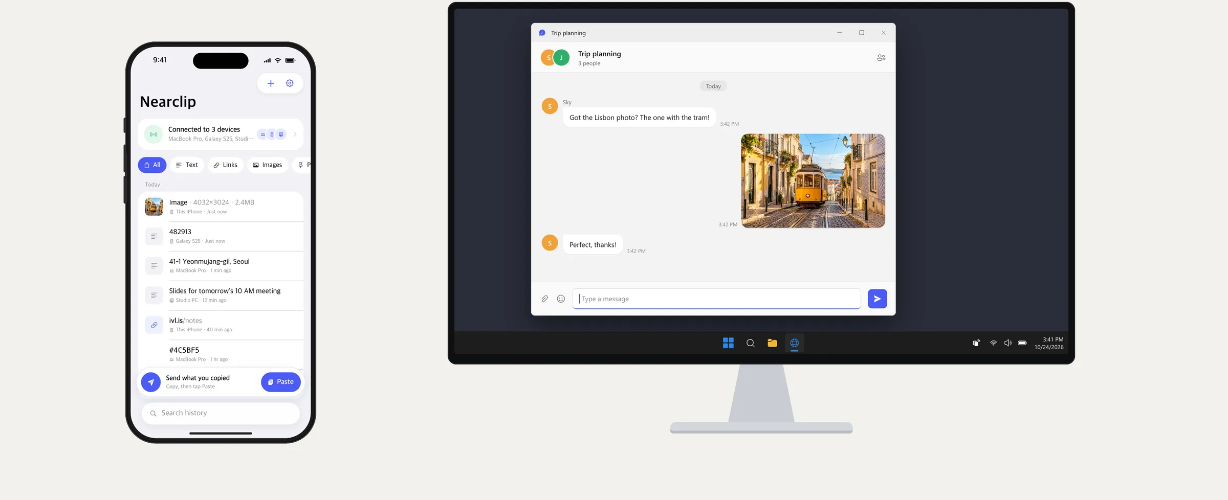 An iPhone sends a photo with the Paste button; it appears in a chat on a Windows PC.